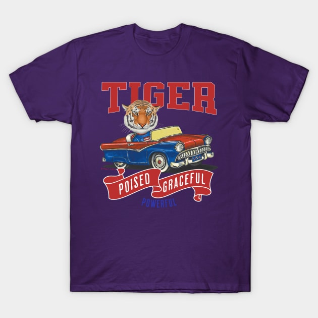 Humor Funny and Cute Tiger in a vintage car driving to a retro parade with red white and blue flags T-Shirt by Danny Gordon Art